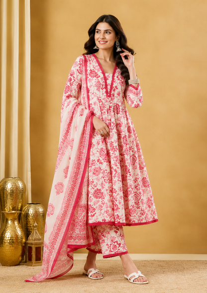 Rose Bloom Pure Cotton Floral Printed Kurta Set with Dupatta for Women