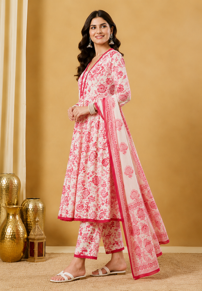Rose Bloom Pure Cotton Floral Printed Kurta Set with Dupatta for Women