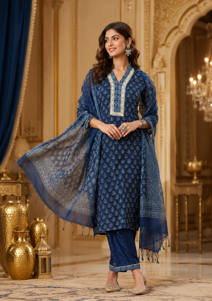 Royal Indigo Kota Doria Ethnic Printed Kurta Set with Tassel Dupatta for Women