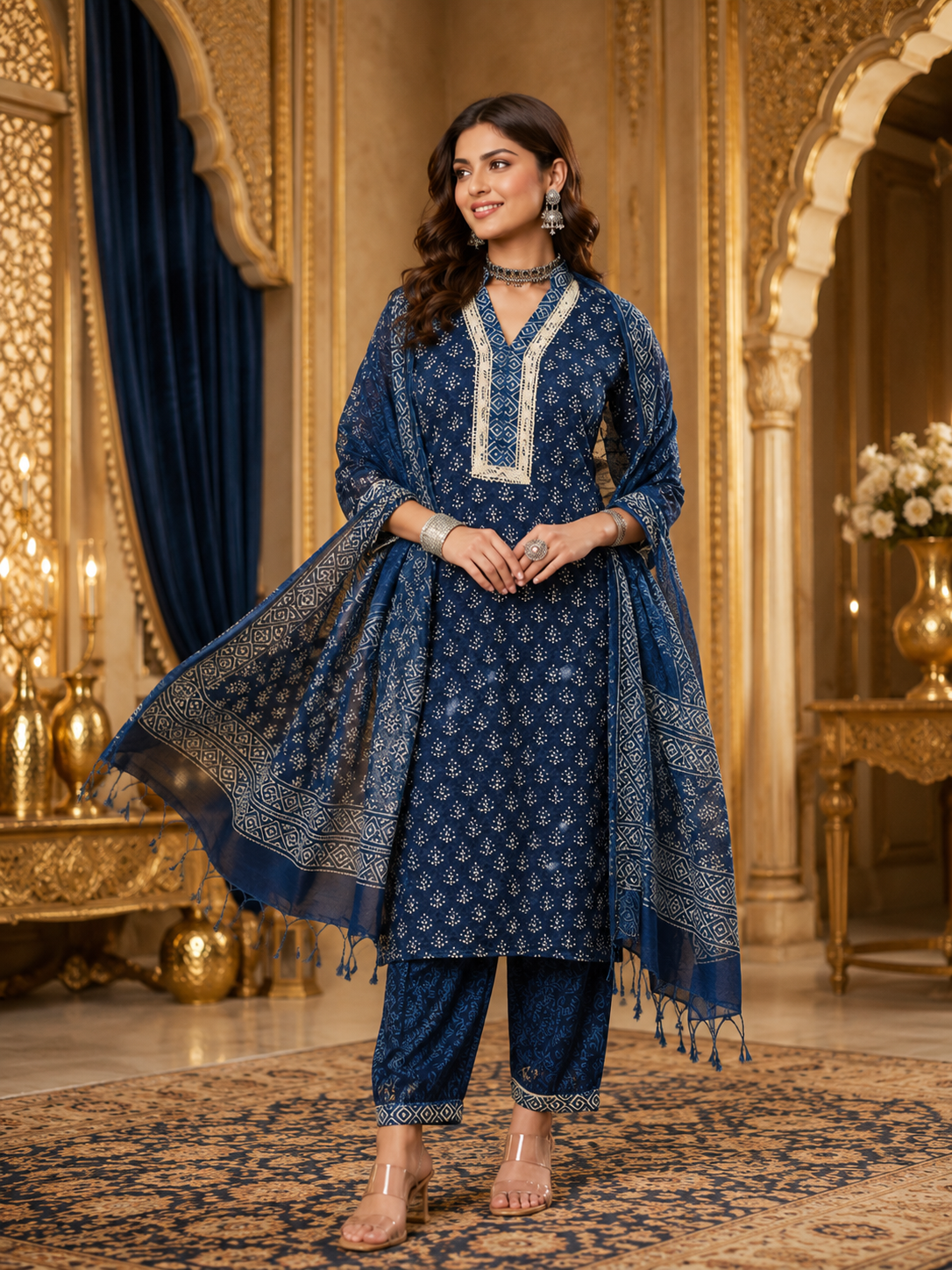 Royal Indigo Kota Doria Ethnic Printed Kurta Set with Tassel Dupatta for Women