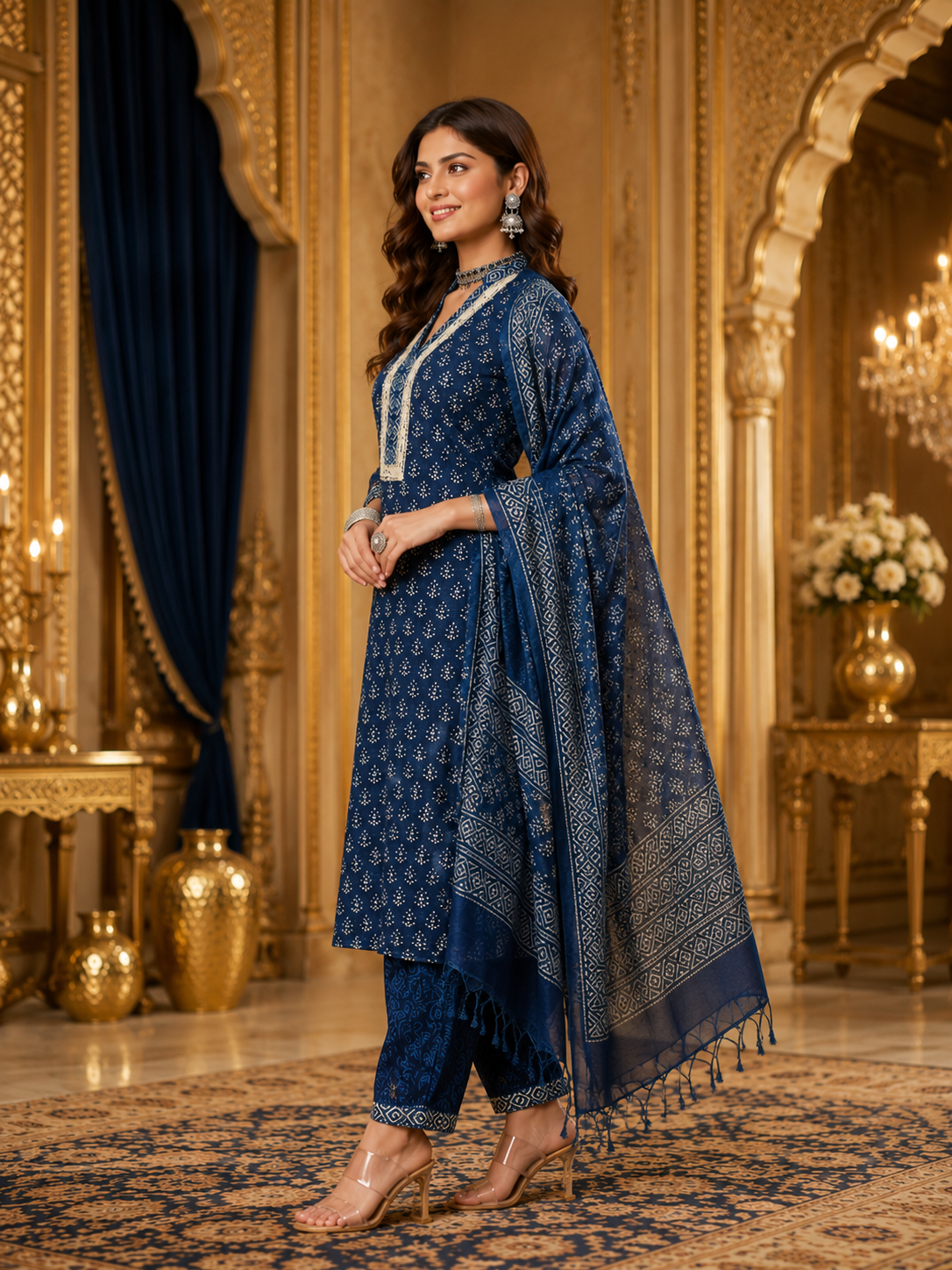 Royal Indigo Kota Doria Ethnic Printed Kurta Set with Tassel Dupatta for Women
