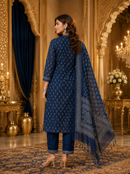 Royal Indigo Kota Doria Ethnic Printed Kurta Set with Tassel Dupatta for Women