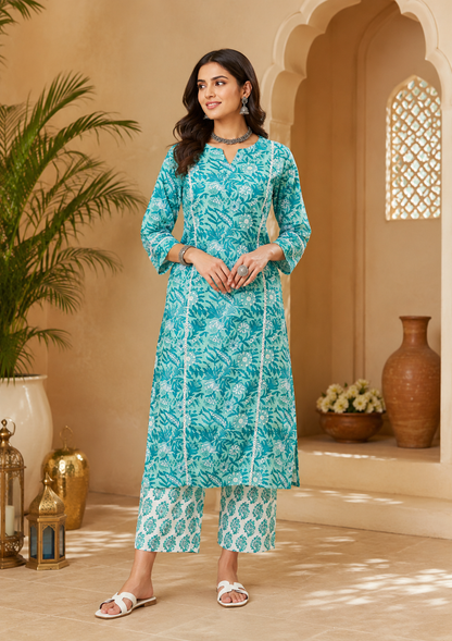Aqua Bloom Pure Cotton Floral Printed Kurta Set for Women