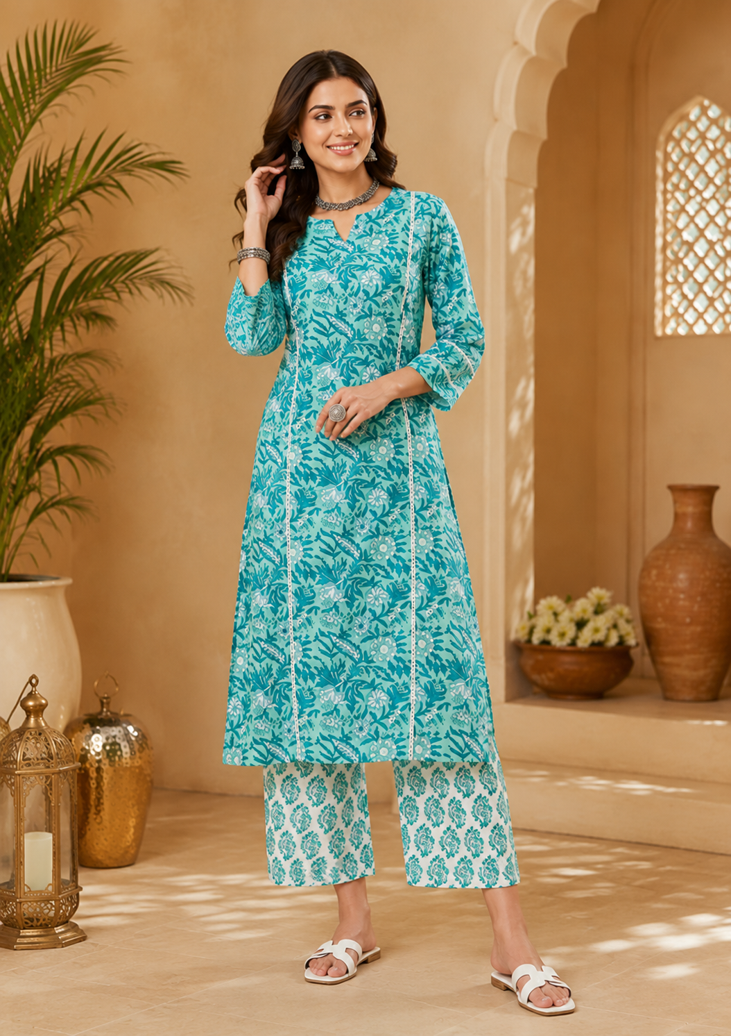Aqua Bloom Pure Cotton Floral Printed Kurta Set for Women