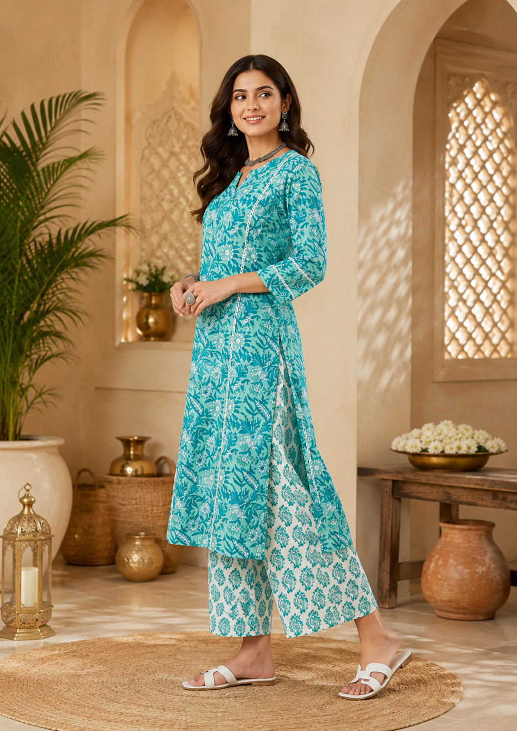 Aqua Bloom Pure Cotton Floral Printed Kurta Set for Women