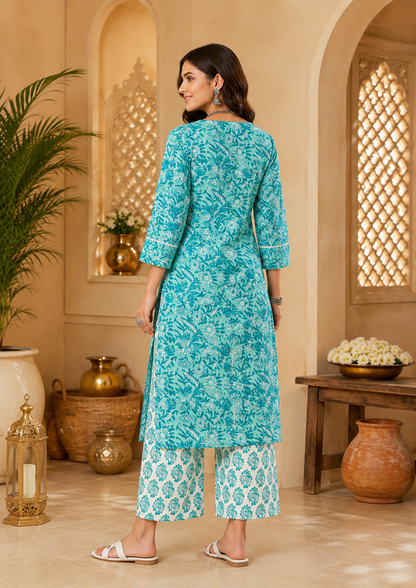 Aqua Bloom Pure Cotton Floral Printed Kurta Set for Women