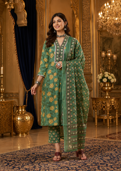 Emerald Blossom Pure Cotton Floral Printed Kurta Set with Dupatta for Women