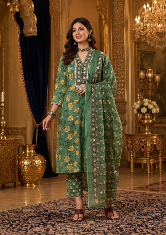 Emerald Blossom Pure Cotton Floral Printed Kurta Set with Dupatta for Women
