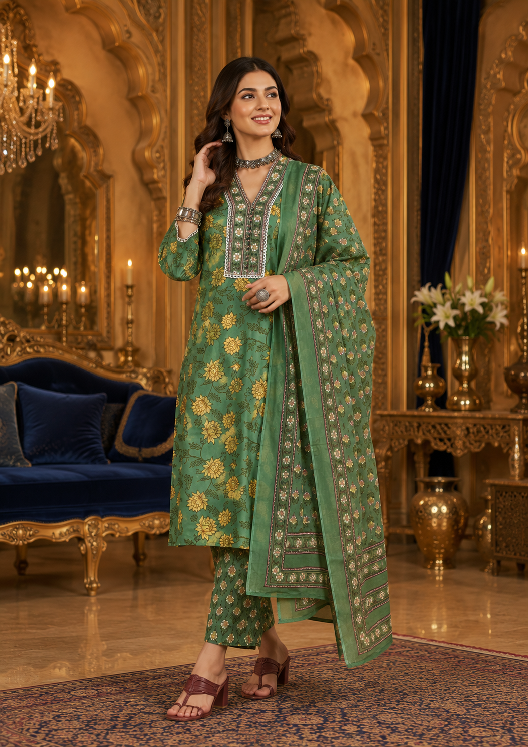 Emerald Blossom Pure Cotton Floral Printed Kurta Set with Dupatta for Women