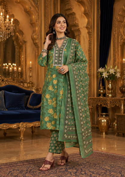 Emerald Blossom Pure Cotton Floral Printed Kurta Set with Dupatta for Women