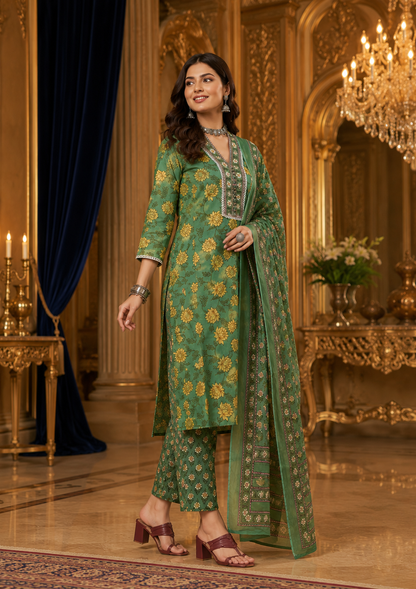 Emerald Blossom Pure Cotton Floral Printed Kurta Set with Dupatta for Women
