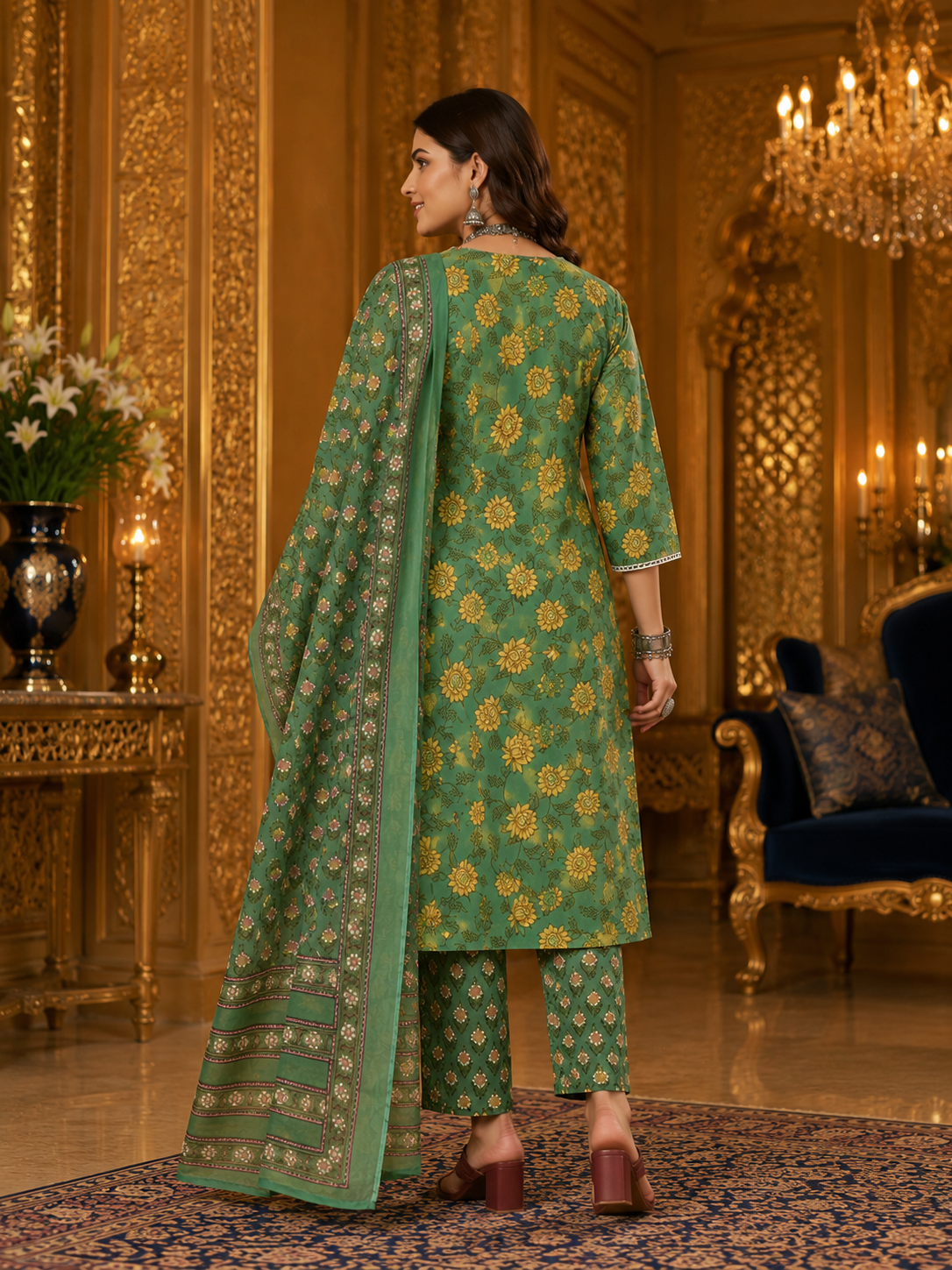 Emerald Blossom Pure Cotton Floral Printed Kurta Set with Dupatta for Women