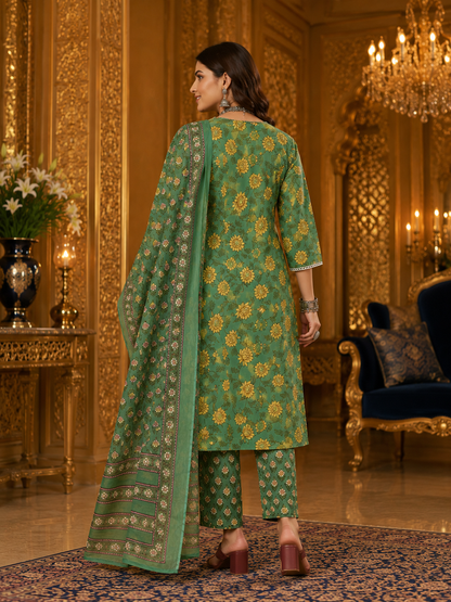 Emerald Blossom Pure Cotton Floral Printed Kurta Set with Dupatta for Women