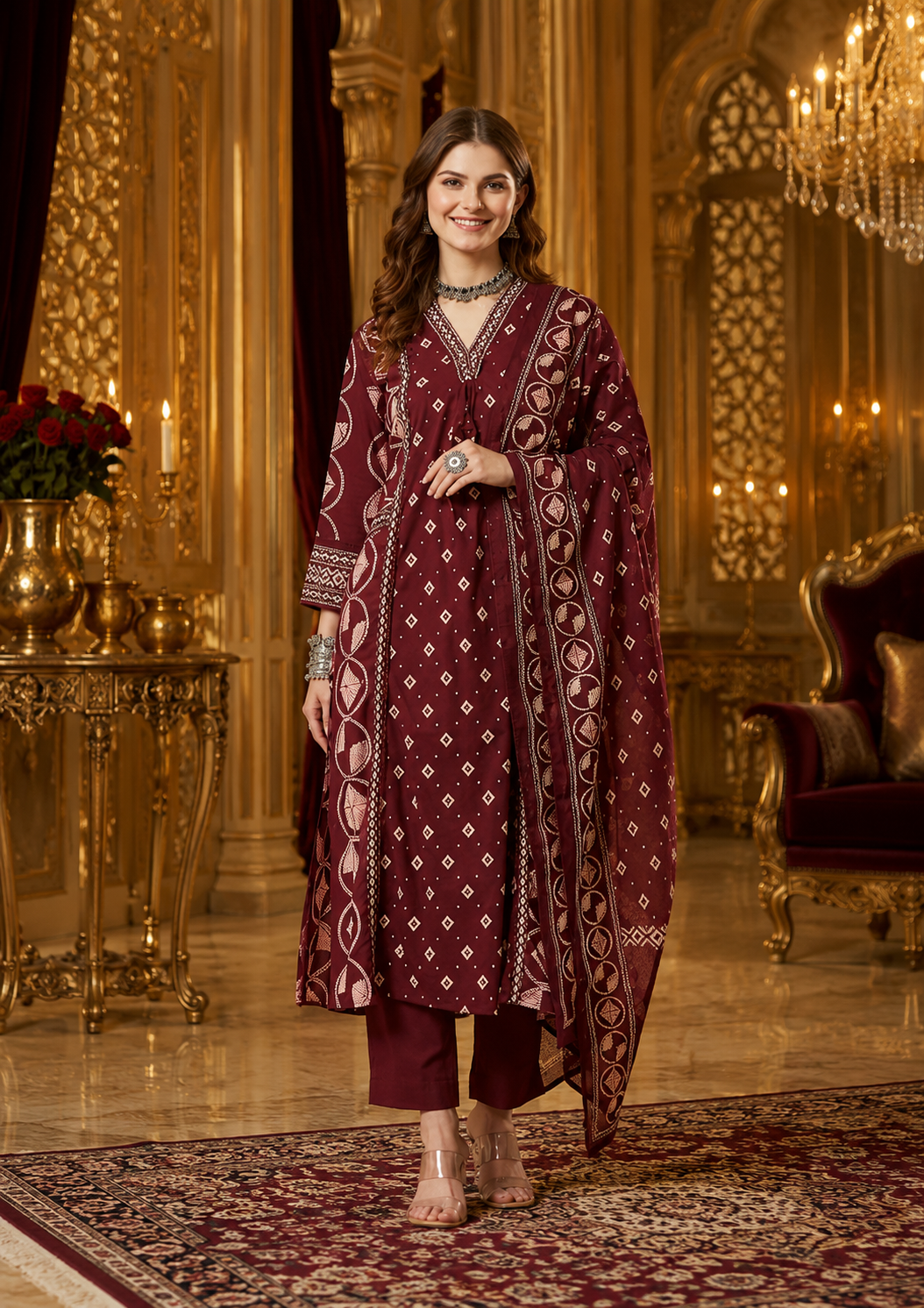 Royal Burgundy Pure Cotton Ethnic Printed Kurta Set with Dupatta for Women