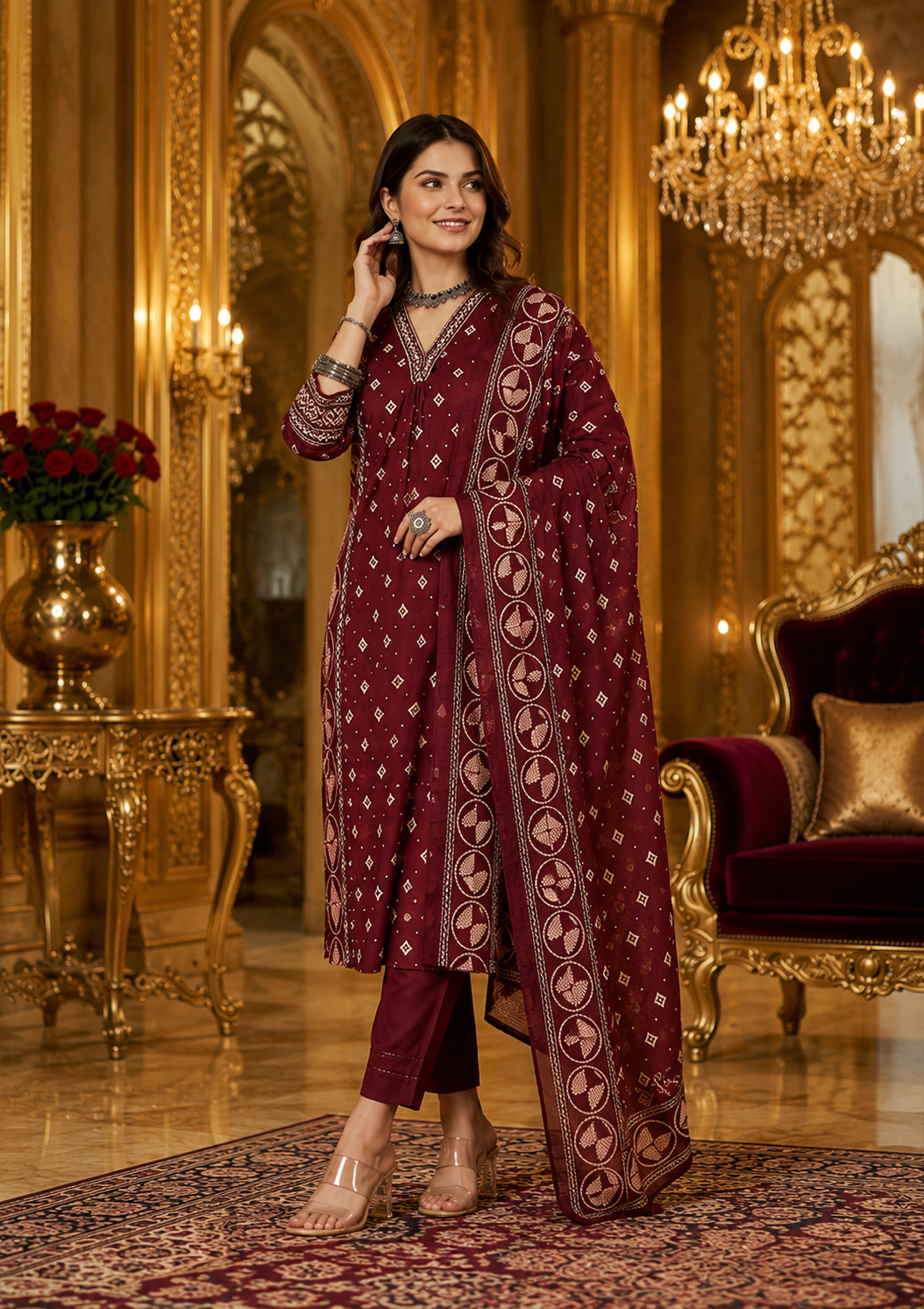 Royal Burgundy Pure Cotton Ethnic Printed Kurta Set with Dupatta for Women