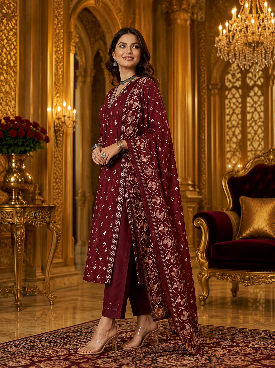Royal Burgundy Pure Cotton Ethnic Printed Kurta Set with Dupatta for Women