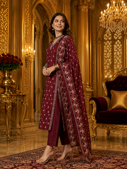 Royal Burgundy Pure Cotton Ethnic Printed Kurta Set with Dupatta for Women