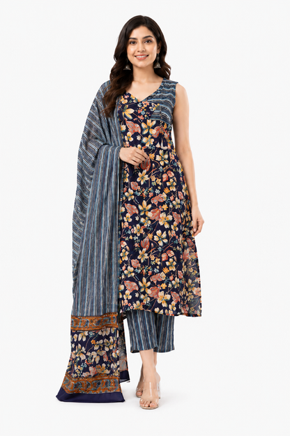 Midnight Bloom Floral Cotton Kurta Set