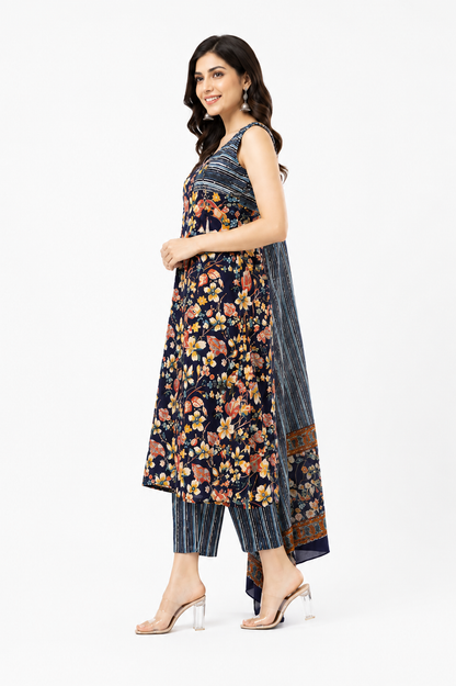 Midnight Bloom Floral Cotton Kurta Set