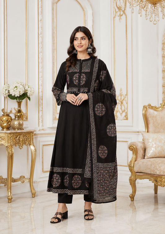 Midnight Elegance Pure Cotton Ethnic Printed Kurta Set with Dupatta for Women