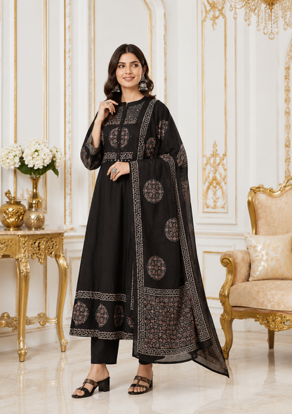 Midnight Elegance Pure Cotton Ethnic Printed Kurta Set with Dupatta for Women
