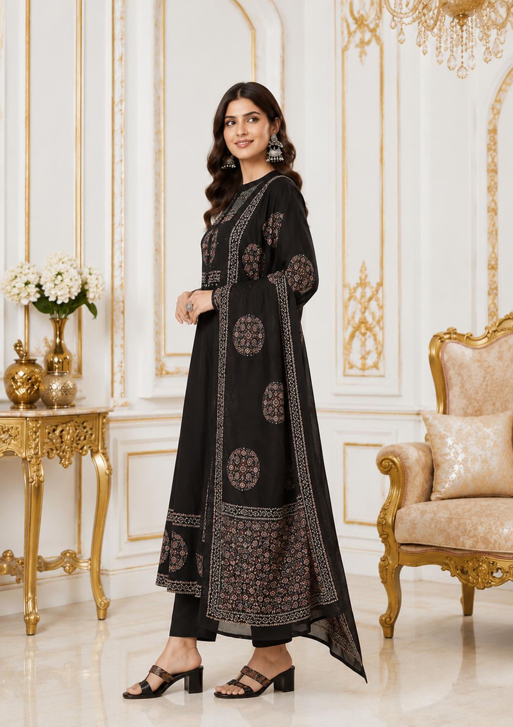 Midnight Elegance Pure Cotton Ethnic Printed Kurta Set with Dupatta for Women