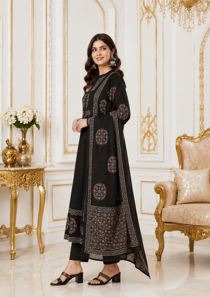 Midnight Elegance Pure Cotton Ethnic Printed Kurta Set with Dupatta for Women