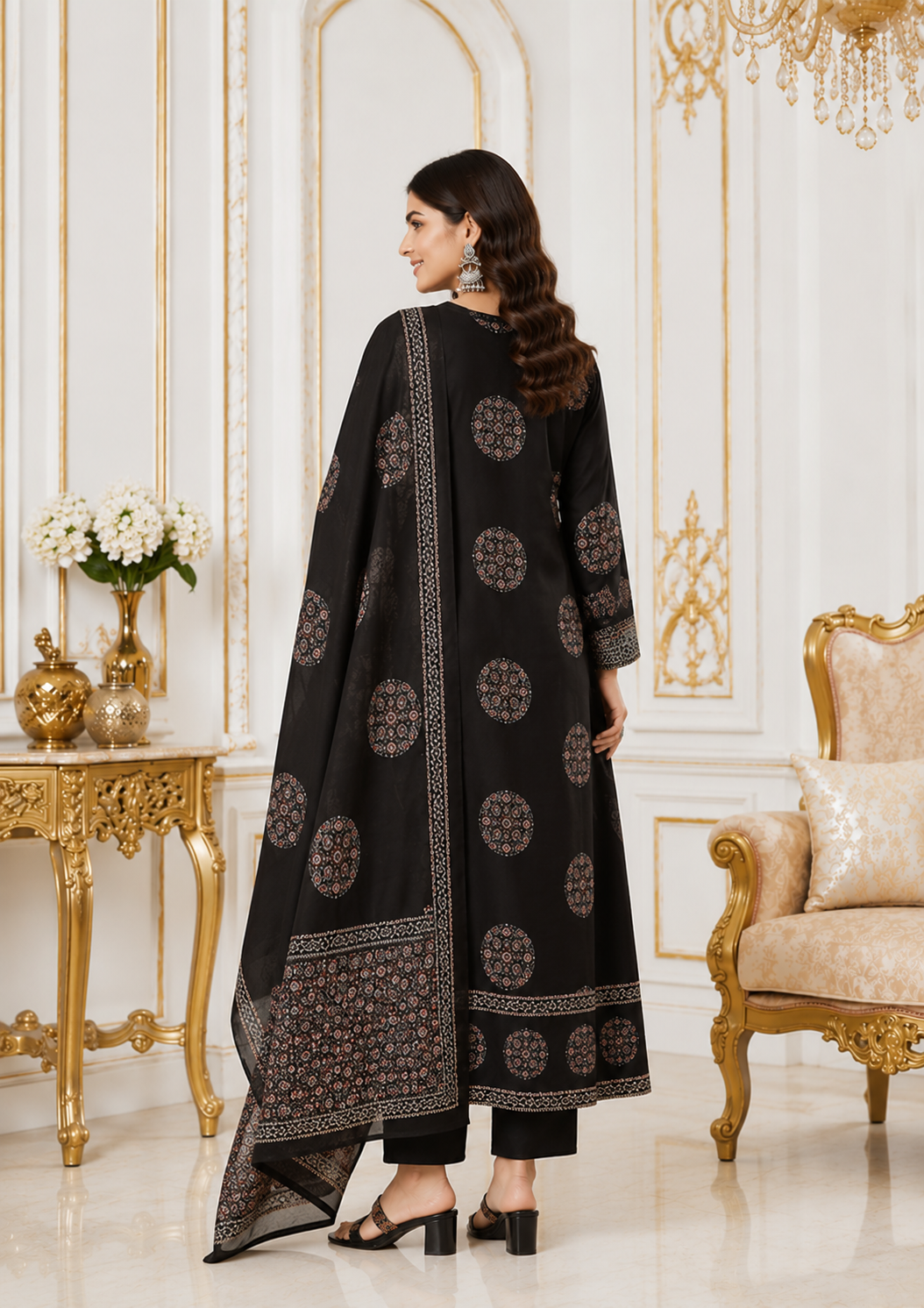Midnight Elegance Pure Cotton Ethnic Printed Kurta Set with Dupatta for Women