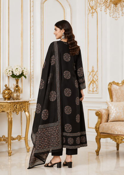 Midnight Elegance Pure Cotton Ethnic Printed Kurta Set with Dupatta for Women