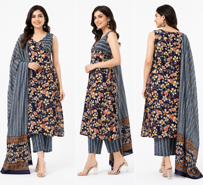 Midnight Bloom Floral Cotton Kurta Set