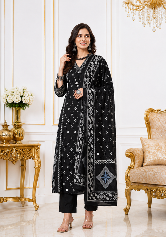 Noir Heritage Pure Cotton Block Printed Kurta Set with Dupatta for Women