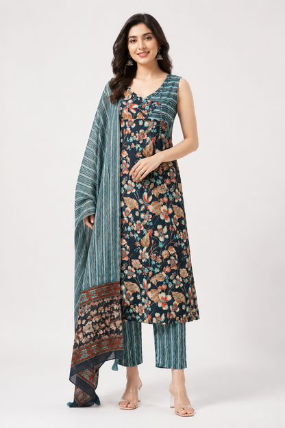 Midnight Meadow Floral Cotton Kurta Set