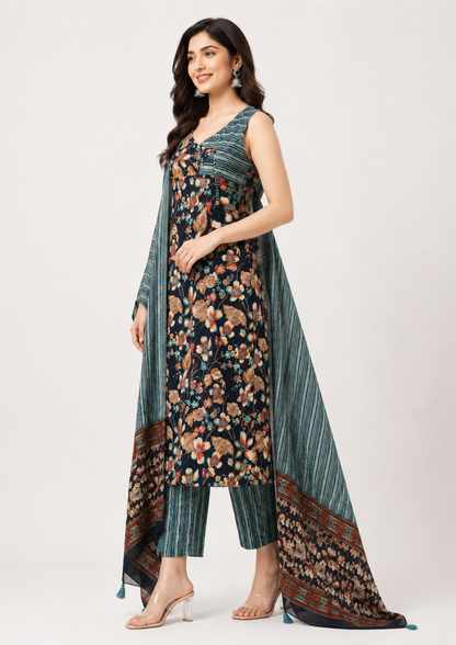 Midnight Meadow Floral Cotton Kurta Set