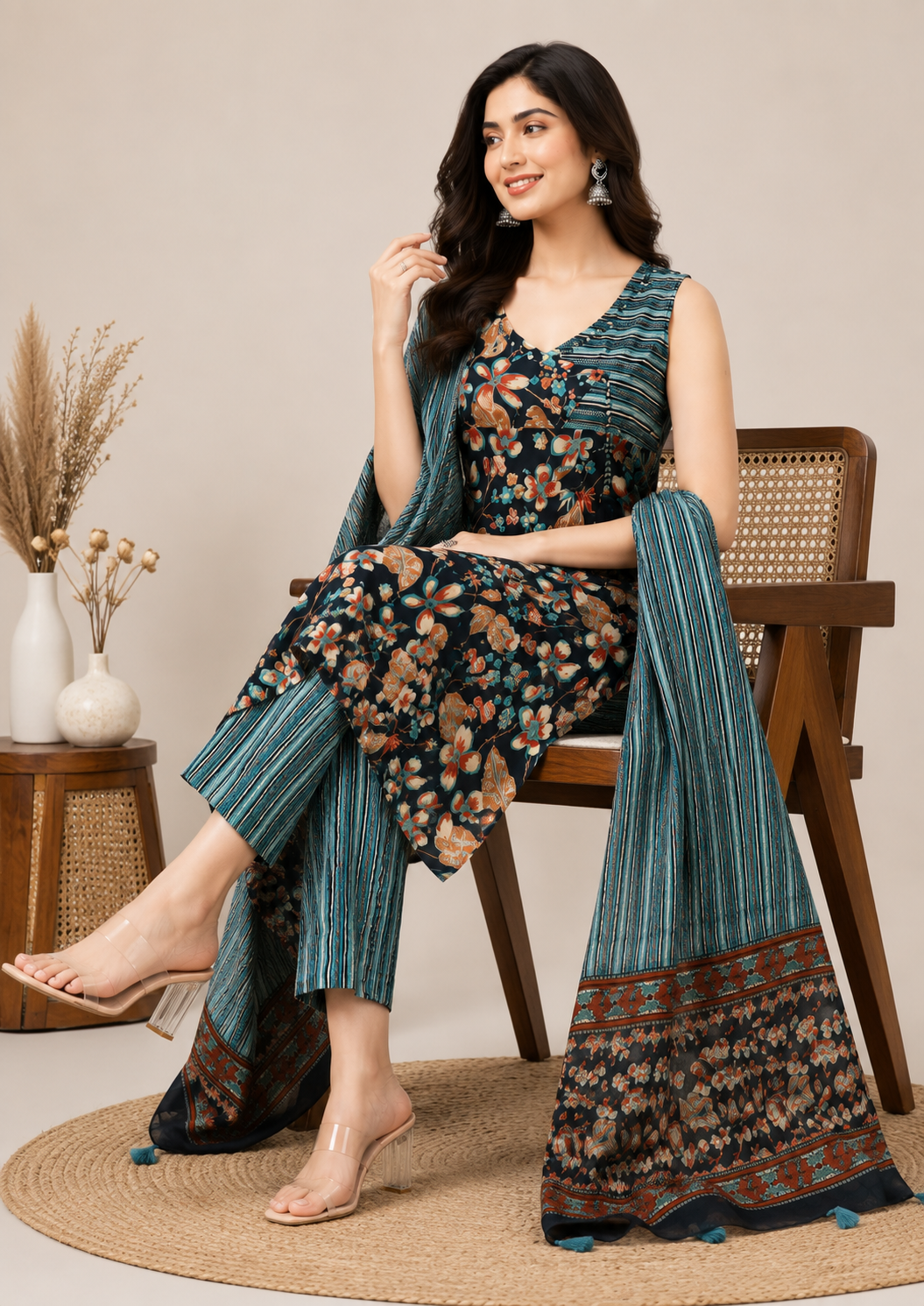 Midnight Meadow Floral Cotton Kurta Set
