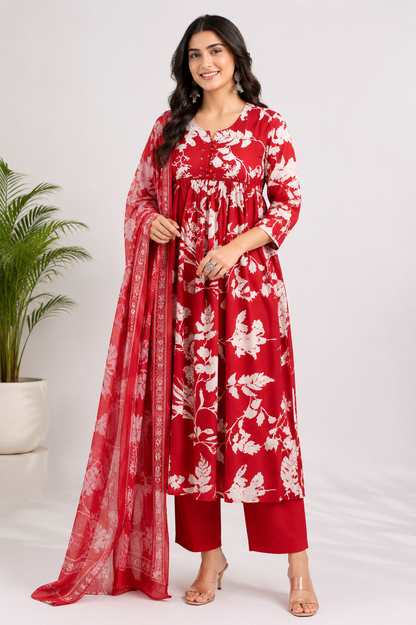Crimson Blossom Pure Cotton Floral Kurta Set with Dupatta for Women
