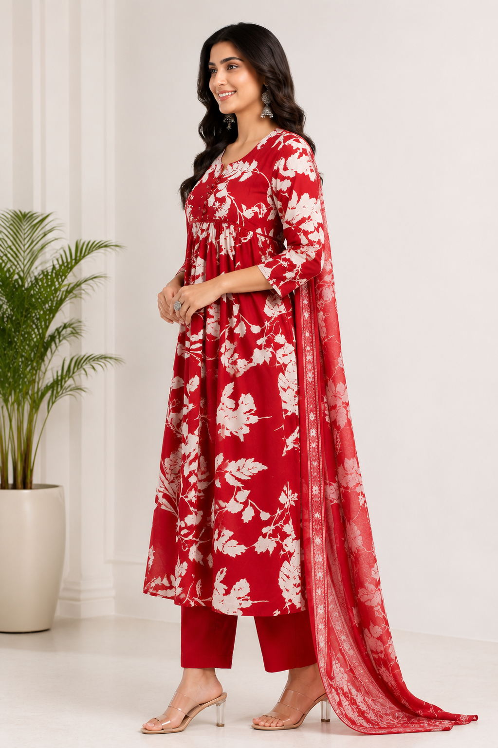 Crimson Blossom Pure Cotton Floral Kurta Set with Dupatta for Women