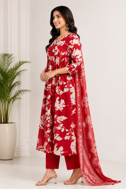 Crimson Blossom Pure Cotton Floral Kurta Set with Dupatta for Women