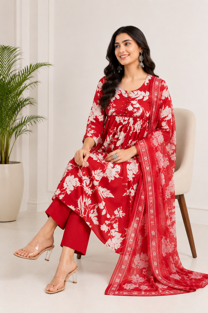 Crimson Blossom Pure Cotton Floral Kurta Set with Dupatta for Women