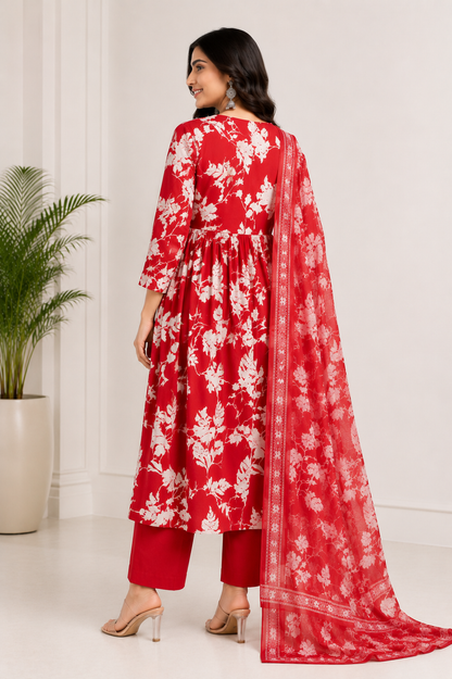 Crimson Blossom Pure Cotton Floral Kurta Set with Dupatta for Women