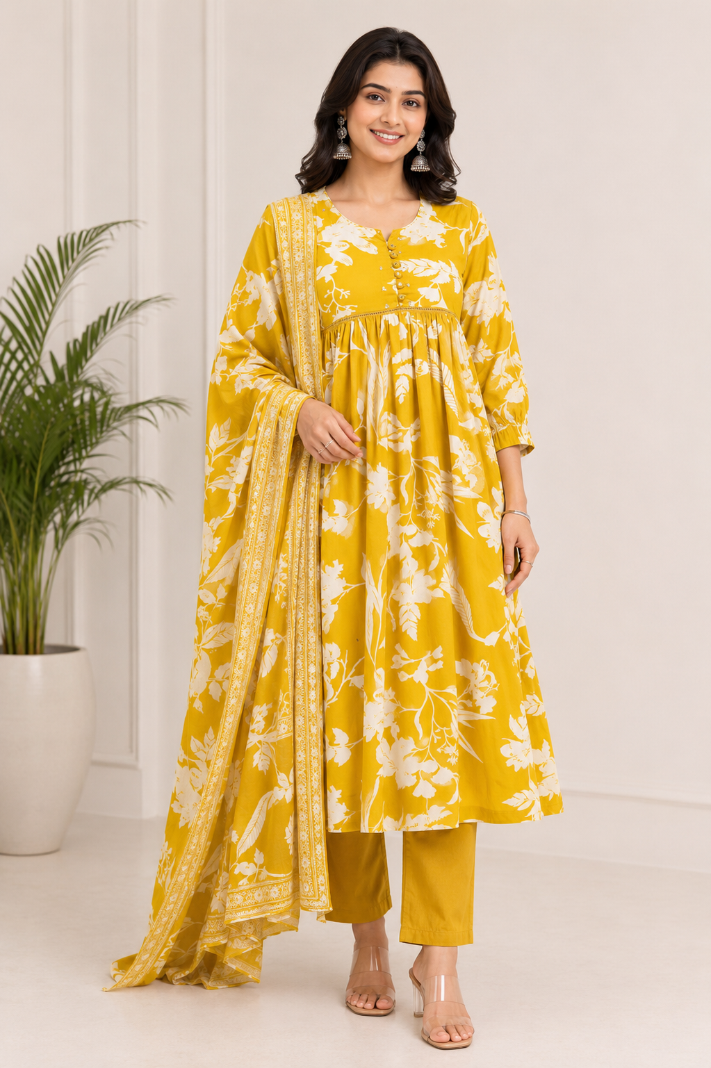Sunlit Bloom Pure Cotton Mustard Floral Kurta Set with Dupatta for Women