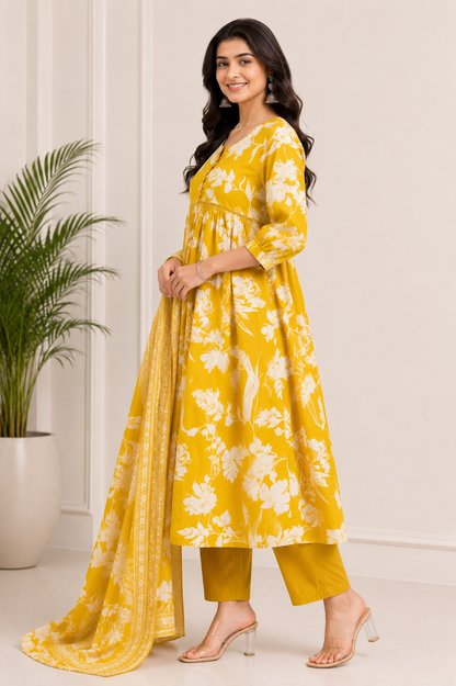 Sunlit Bloom Pure Cotton Mustard Floral Kurta Set with Dupatta for Women