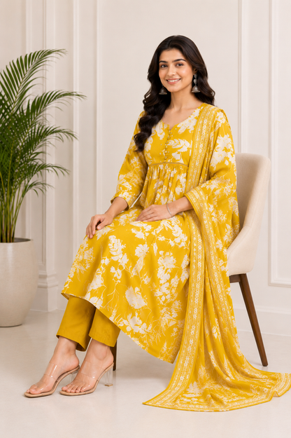 Sunlit Bloom Pure Cotton Mustard Floral Kurta Set with Dupatta for Women