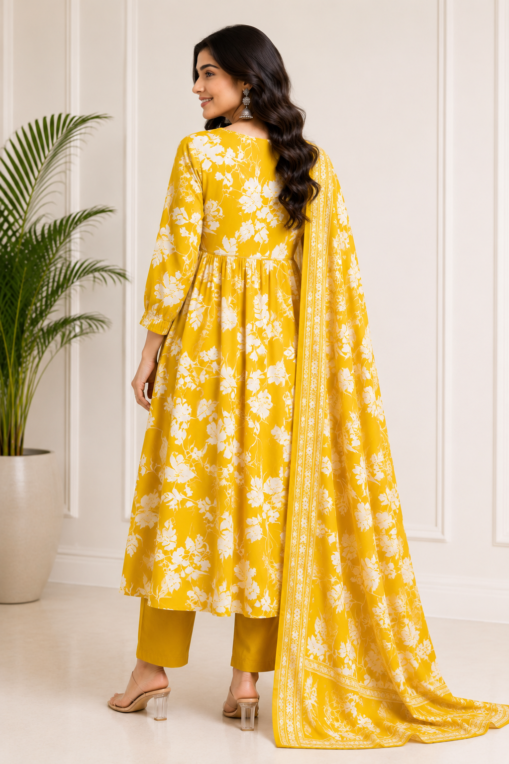 Sunlit Bloom Pure Cotton Mustard Floral Kurta Set with Dupatta for Women