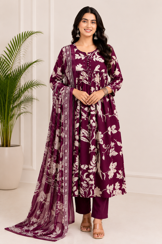Royal Plum Blossom Pure Cotton Floral Kurta Set with Dupatta for Women