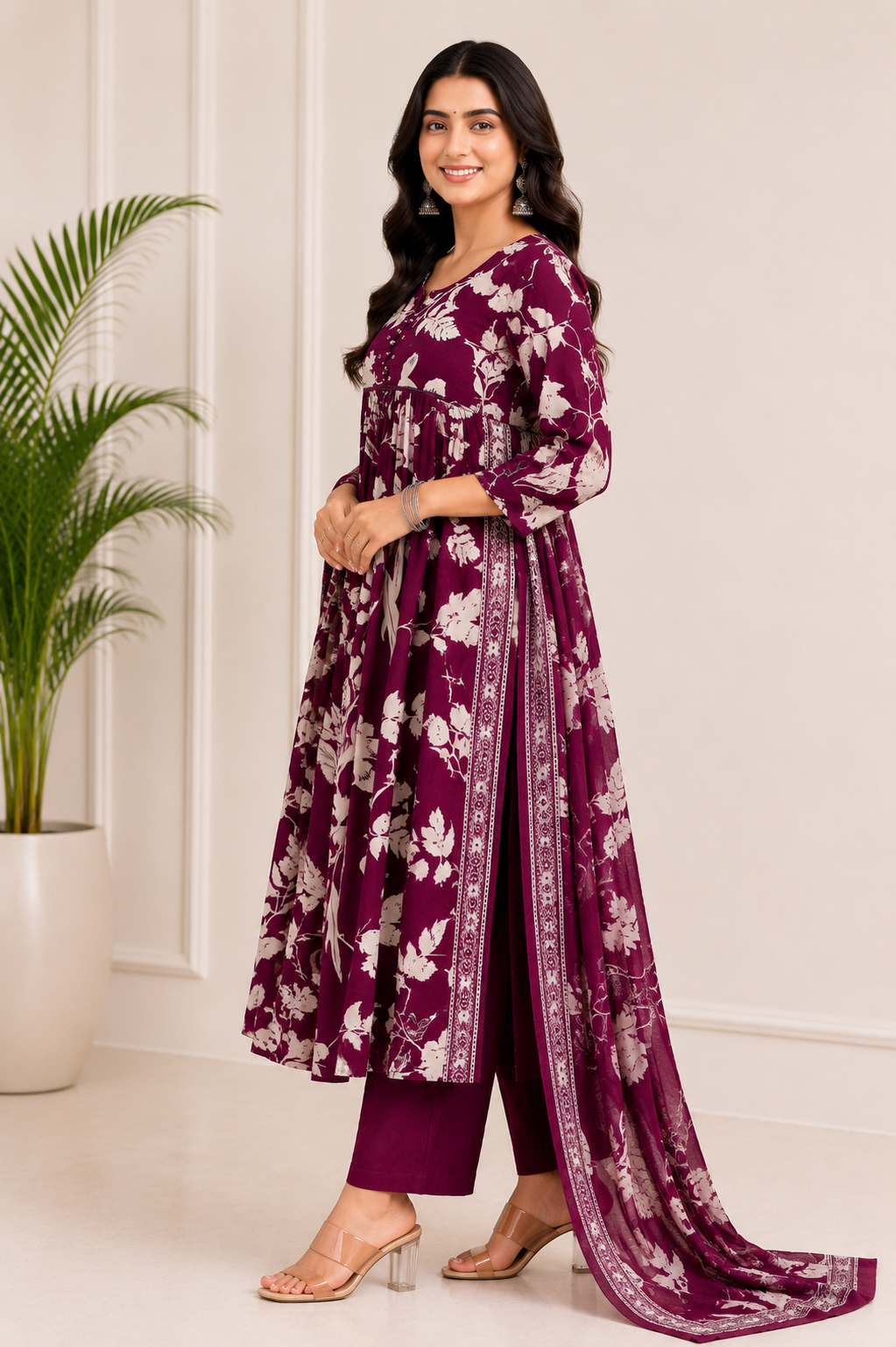 Royal Plum Blossom Pure Cotton Floral Kurta Set with Dupatta for Women