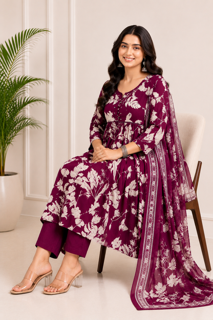 Royal Plum Blossom Pure Cotton Floral Kurta Set with Dupatta for Women