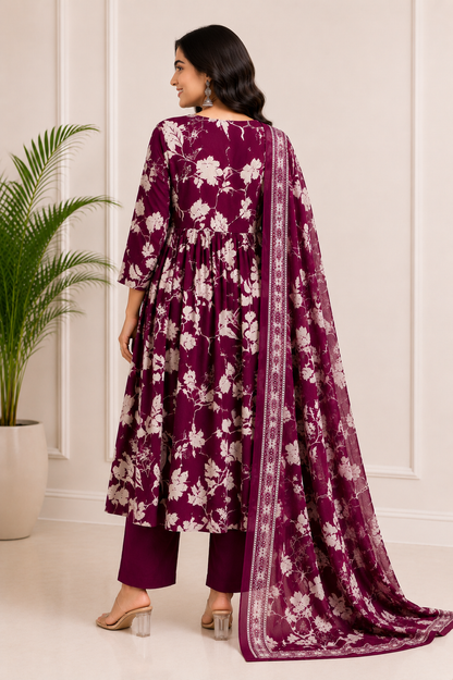 Royal Plum Blossom Pure Cotton Floral Kurta Set with Dupatta for Women