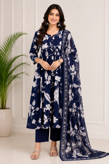 Midnight Bloom Pure Cotton Navy Blue Floral Kurta Set with Dupatta for Women