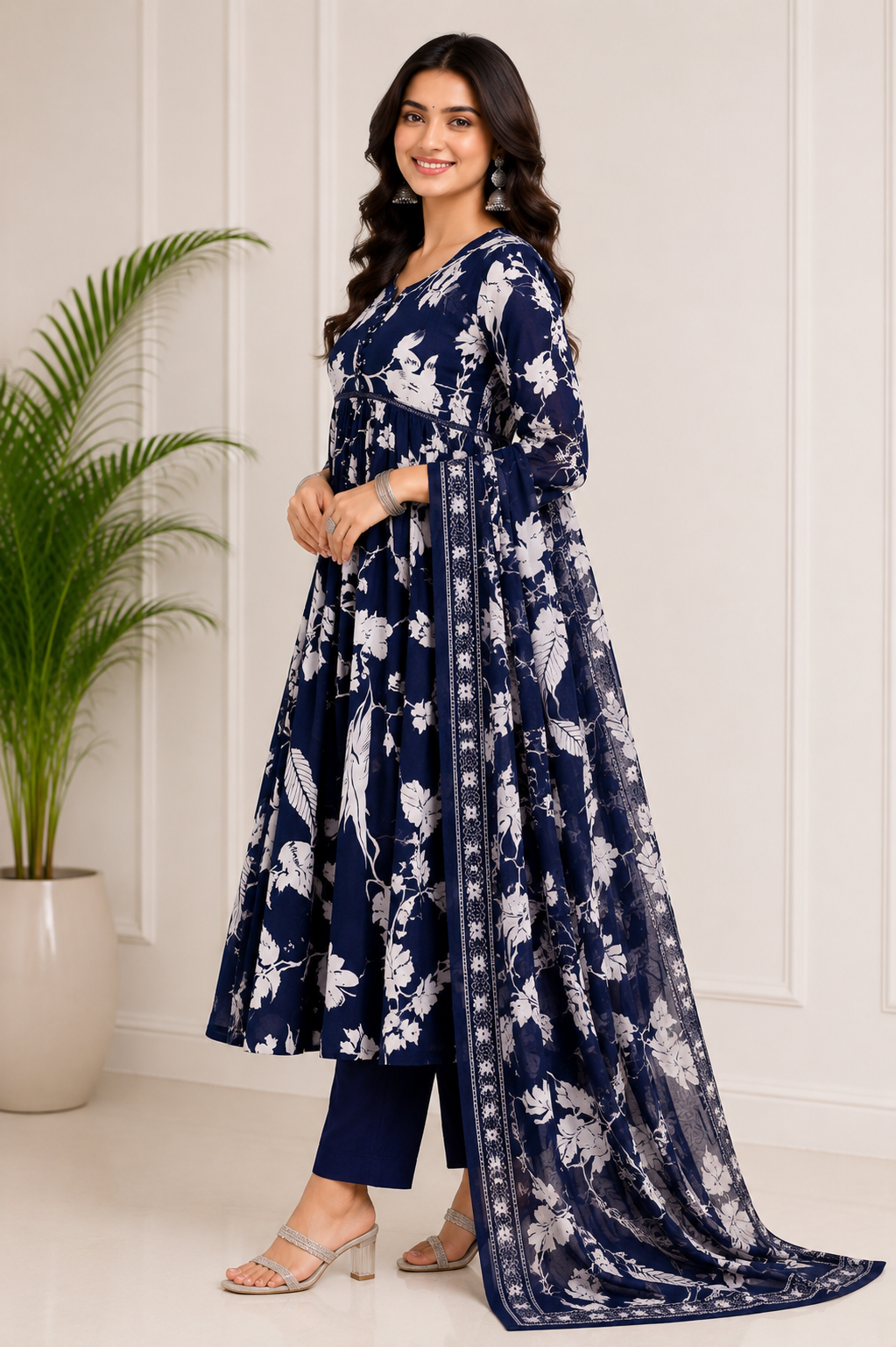 Midnight Bloom Pure Cotton Navy Blue Floral Kurta Set with Dupatta for Women