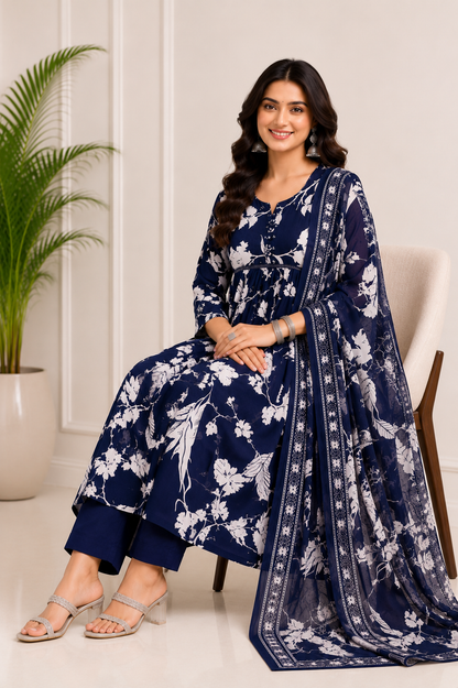 Midnight Bloom Pure Cotton Navy Blue Floral Kurta Set with Dupatta for Women
